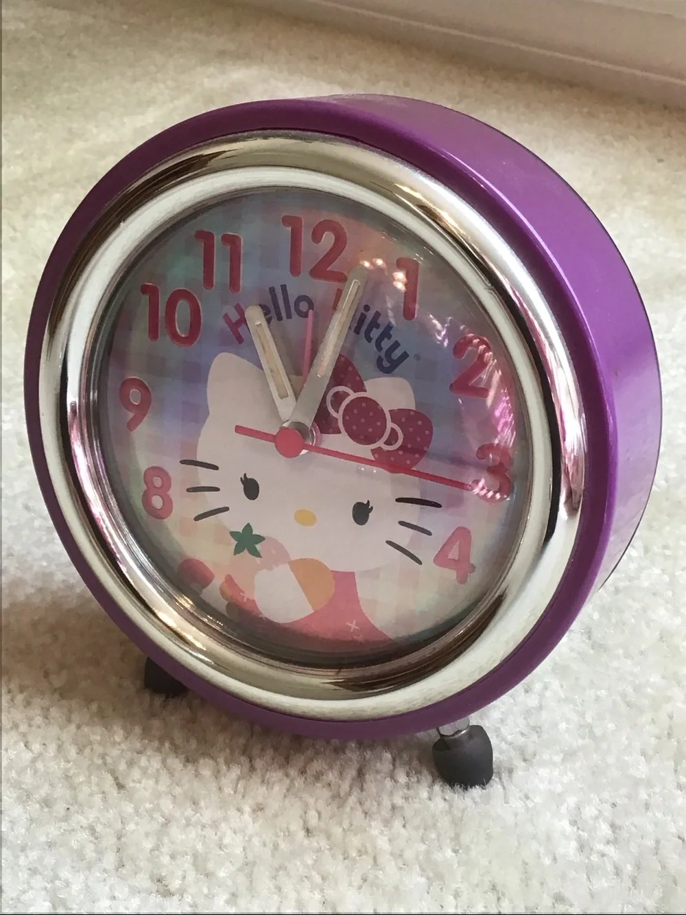 Retro Hello Kitty Alarm Clock, Purple/Pink/Reflective Multicolor, 5”